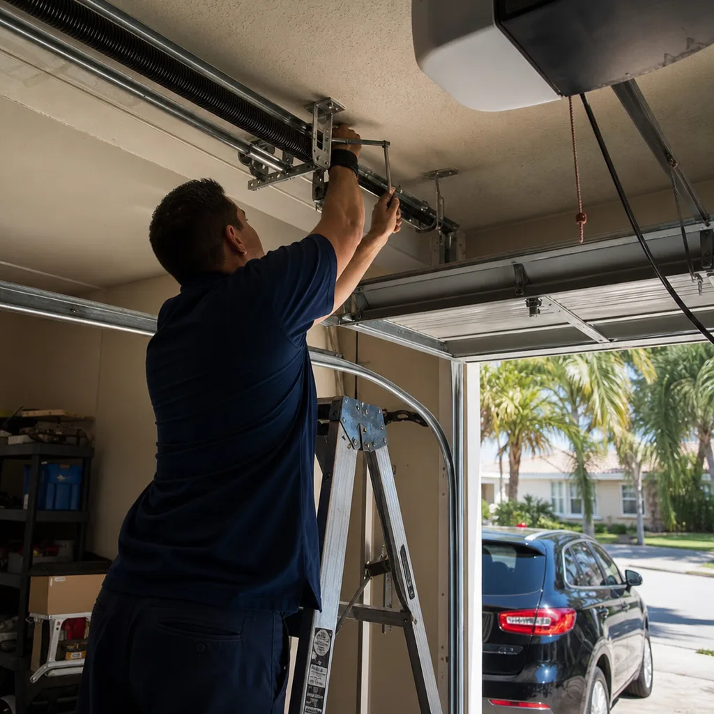 Technician performing professional garage door cable repair in a residential garage