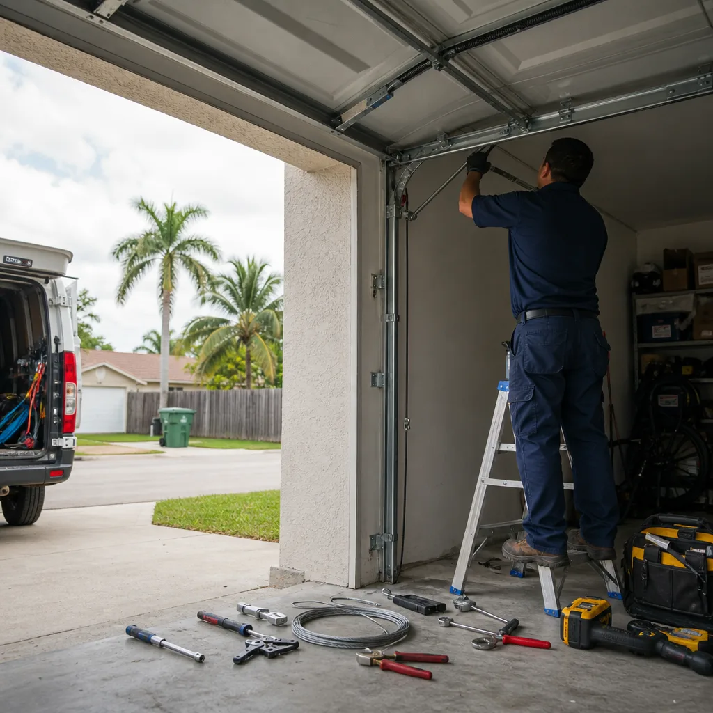 Technician performing professional garage door cable repair and maintenance