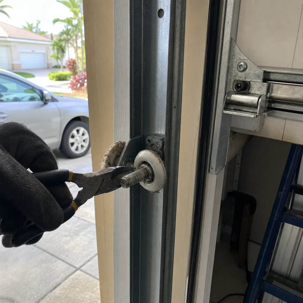 Professional garage door technician performing a roller repair on a garage door.