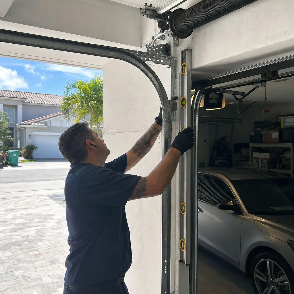 Garage door repair technician performing maintenance on a track roller